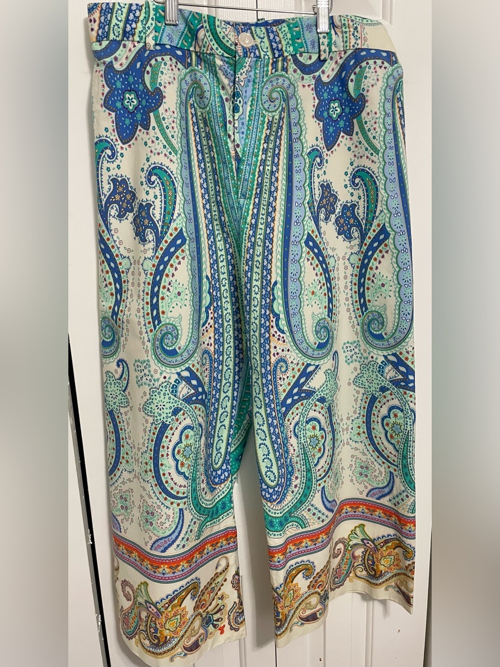Zara Teal & Blue Paisley Wide-Leg Cropped Pants